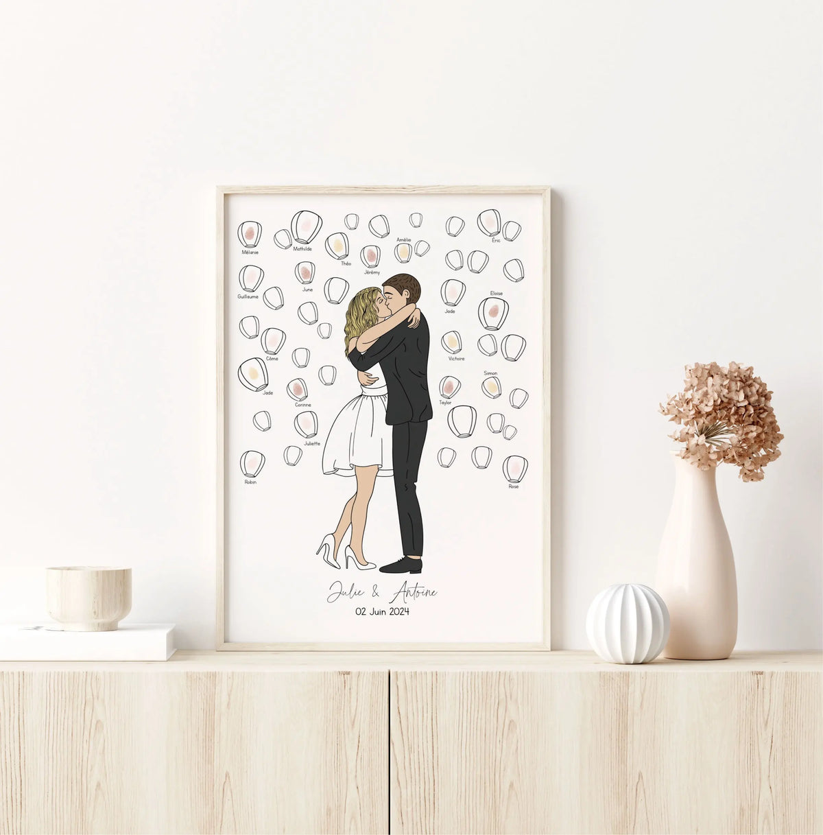 arbre à empreintes mariage avec illustration mariée robe courte et lanternes chinoises Précieuse Papeterie