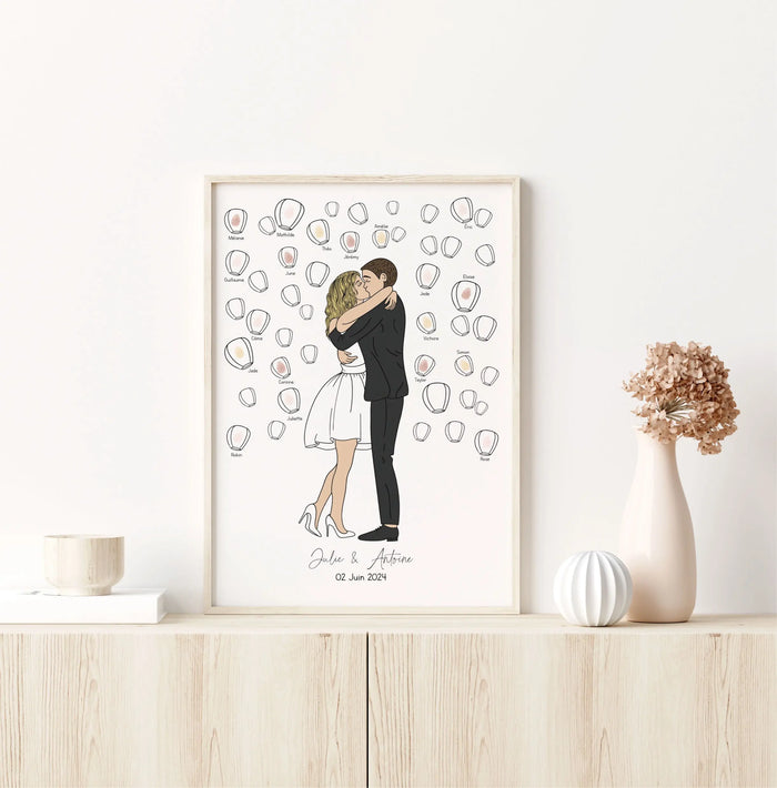 arbre à empreintes mariage avec illustration mariée robe courte et lanternes chinoises Précieuse Papeterie
