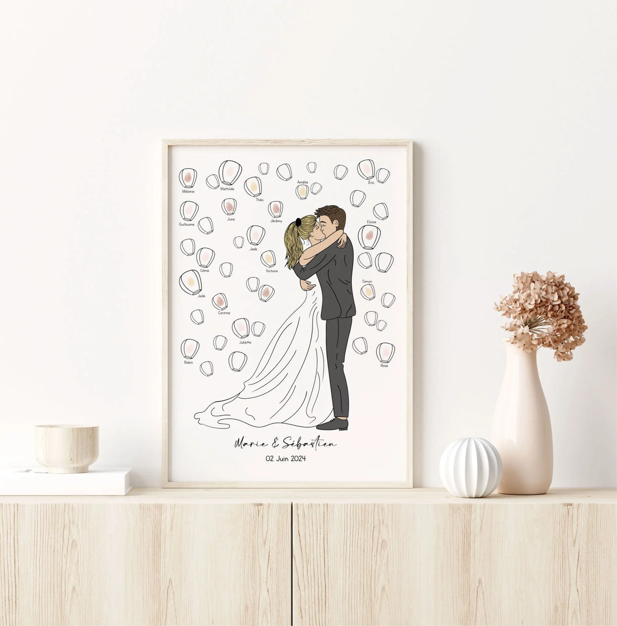arbre à empreintes mariage avec illustration mariée robe princesse et lanternes chinoises Précieuse Papeterie