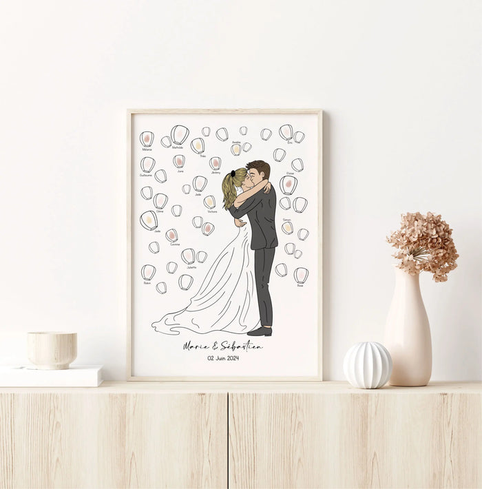 arbre à empreintes mariage avec illustration mariée robe princesse et lanternes chinoises Précieuse Papeterie